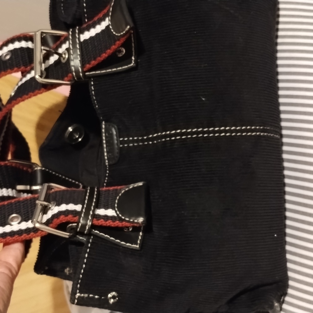 Relic Black Corduroy Shoulder Bag with Red and White Accent Straps